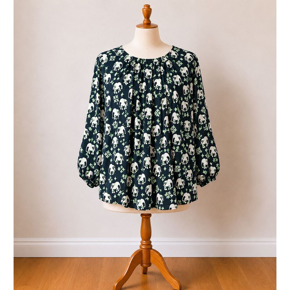 Crown & Ivy Curvy 3X Elephant Print Blouse Black White Green Boho Peasant Top